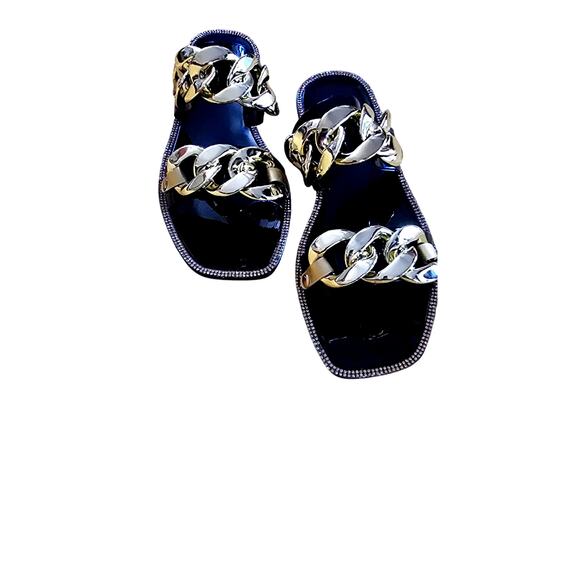 Lauren Lorraine Gold Chain Slides | Black Patent Rhinestone Sandals Size 7 NIB - Picture 2 of 6